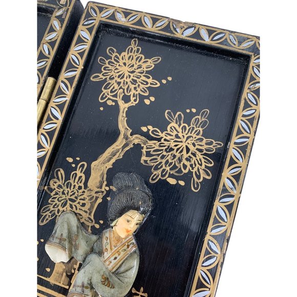 VTG Mini Two Panel Japanese Relief Art Screens Byobu Geishas Decor 6768 - Picture 3 of 16